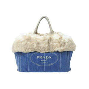 Prada Canapa Tote Bag Handbag Denim Faux Fur Blue Beige
